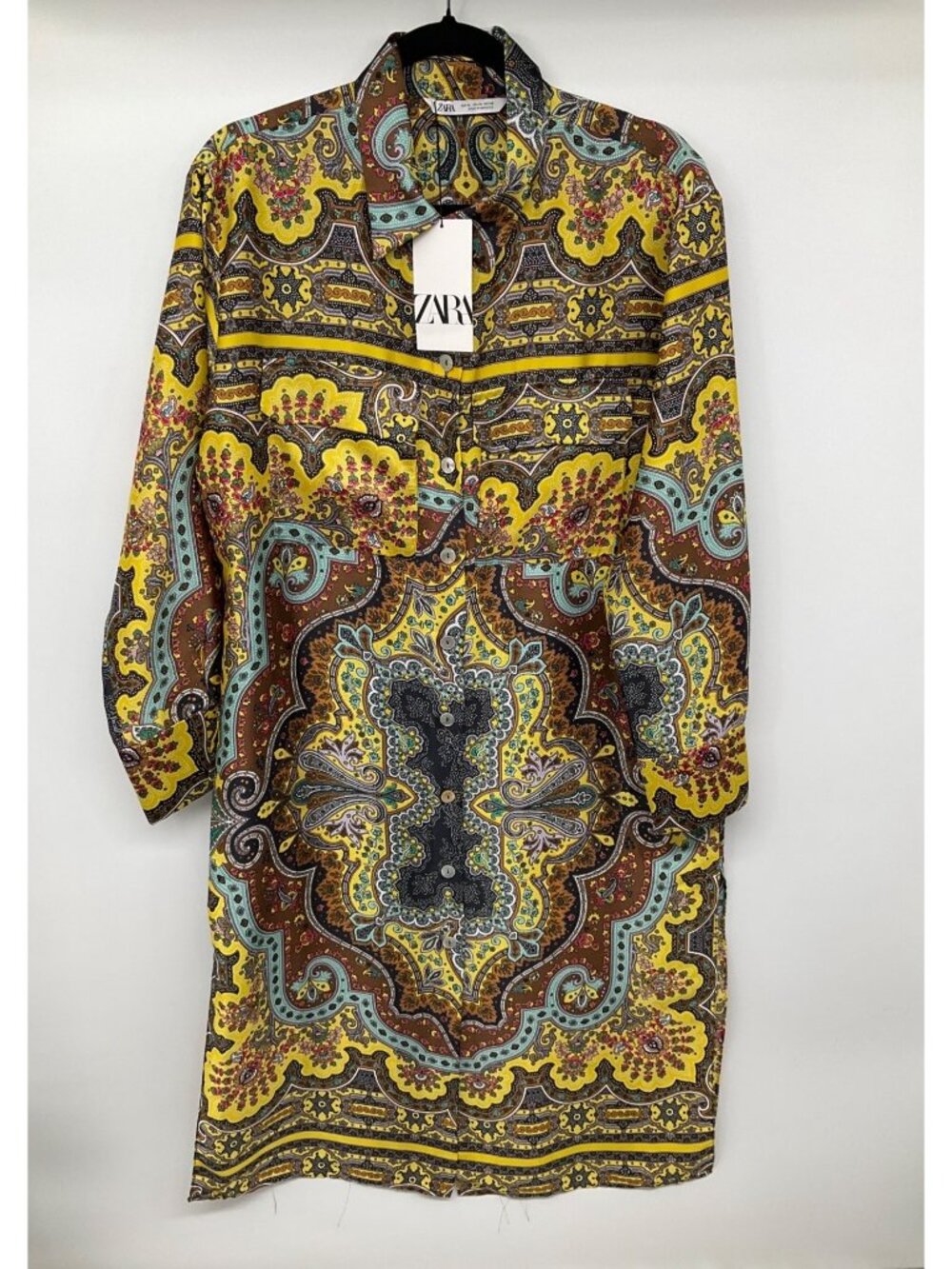 ZARA size XL Yellow Printed Tunic dress w/ Pockets NEW Boho Chic button front - Picture 4 of 10